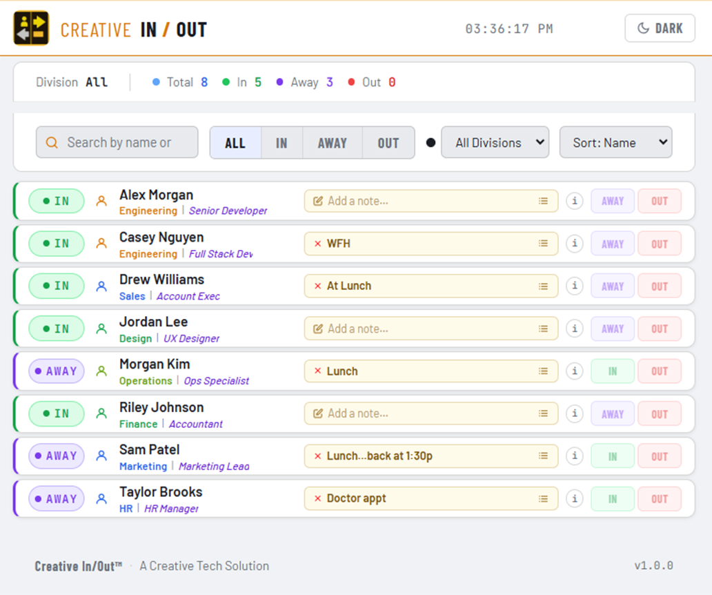 Creative In/Out board on desktop — admin panel settings