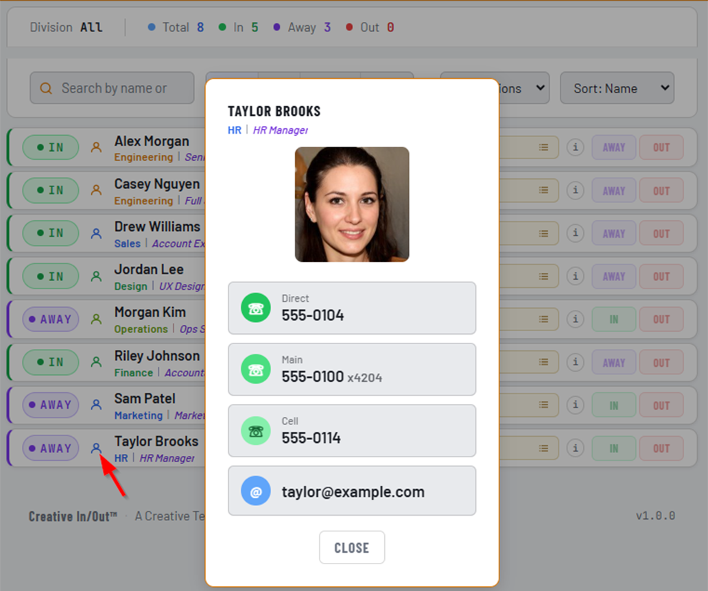 Creative In/Out public board with status filters and people cards