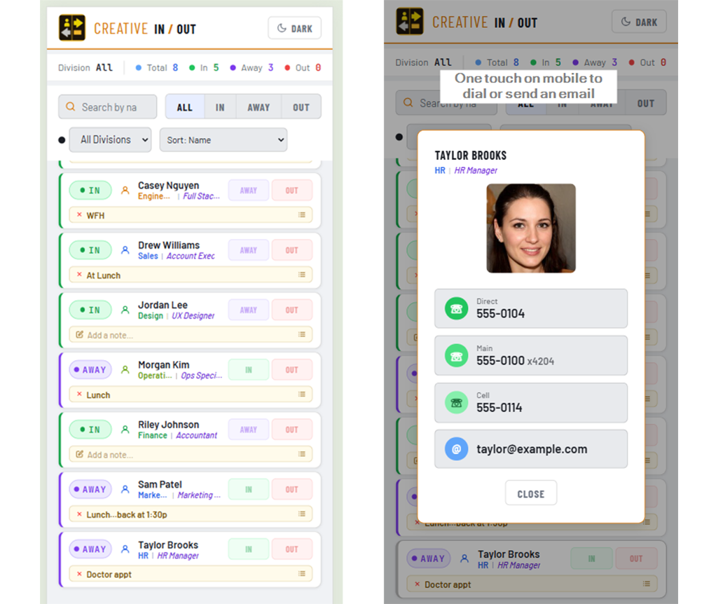 Creative In/Out on mobile — board view and contact popup